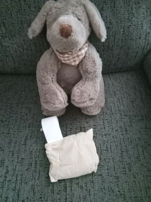 M) 10'' BROOKSTONE TAN PUPPY PLUSH WITH FLOPPY EARS & REMOVABLE HEATING BEAN BAG 