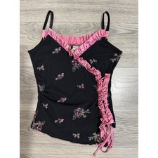 Whimsigoth Vintage 2000s Floral Cami Pink Satin Ruffle Side Corset Lace Up Y2K