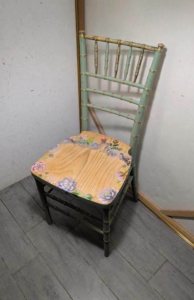 Cadeira estilo chiavari vintage chique gasto pintada à mão floral madeira bambu falso - Imagem 3 de 4