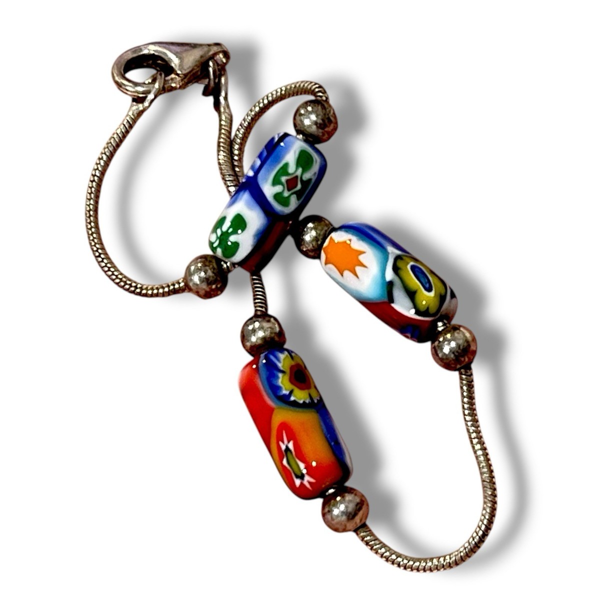 Millefiori Glass Bracelet 925 Sterling Silver Multicolor Tube Beads Vtg Italy View 4