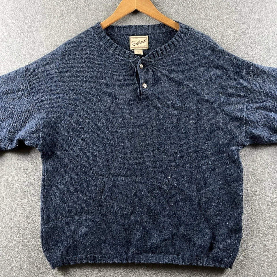 Suéter Woolrich De Colección Para Hombres Grande Azul Lana Henley Pescador Pescado Grueso Años 90 Foto 2 de 4