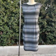 Calvin Klein Gray Black Striped Sheath Dress Sleeveless Womens 10