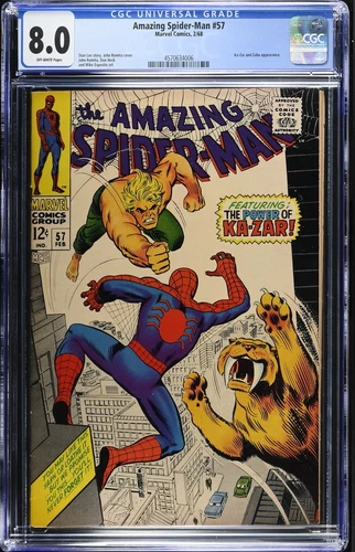Amazing Spider-Man #57 - Marvel Comics 1968 CGC 8.0 Ka-Zar and Zabu appearance.