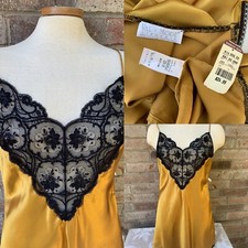 Vtg Medium Nightgown Gold Satin Sheer Bust Lace Dress Slip Val Mode W Tag