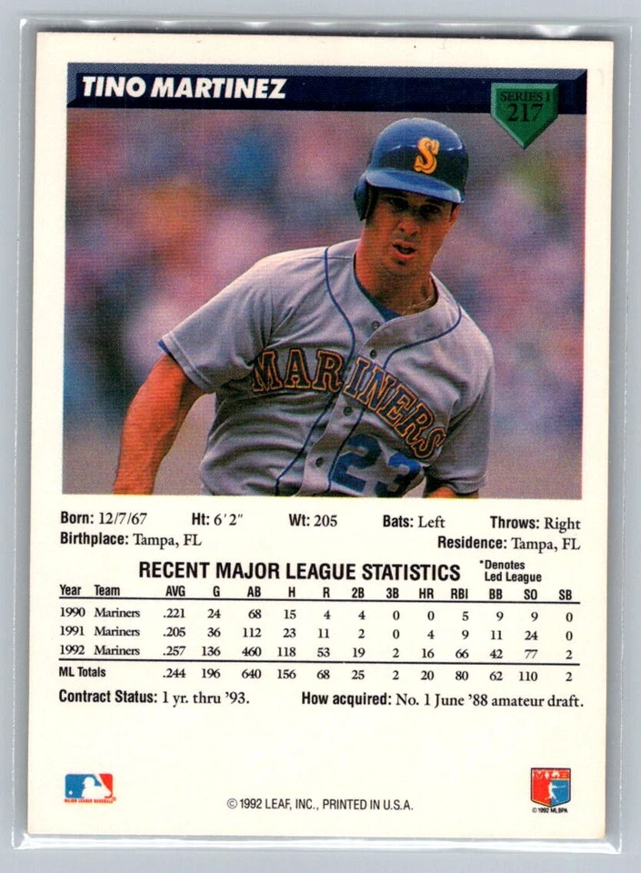 1993 Donruss Tino Martinez Seattle Mariners #217 - Image 2 of 2