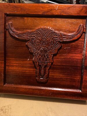 Hand Carved Single Block Wood Longhorn Cow12x12  3D Solid Heavy Wood Double Side