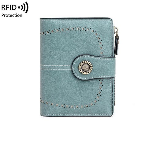 RFID Women's Short Wallet, Oil Wax Leather Coin Purse, Card Holder - Picture 10 of 18