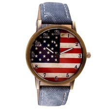 American Flag Watch w/ Blue Wrist Strap - Faux Leather, Patriot USA Quartz