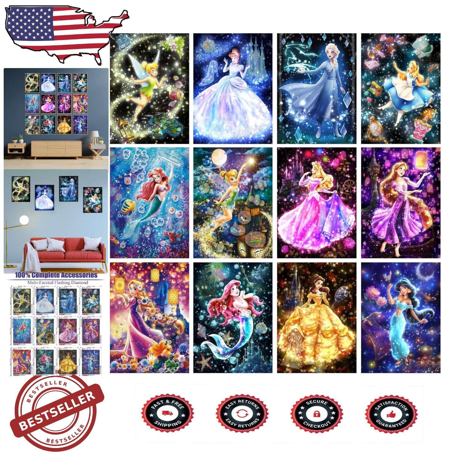 Artisan 12-Pack Diamond Art Kits for Stunning Princess Wall Decor