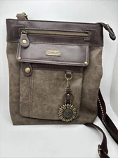 Chala Gemini 3-In-1 Crossbody Bag With Sunflower Keychain Charm Gray Brown Trim
