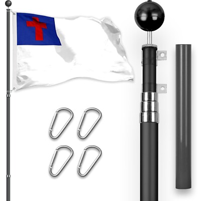 Combo: 16 Ft Telescoping Flagpole Black & Christian Flag 3x5 Ft Emb Spun Poly