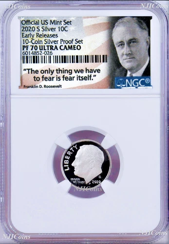 2020 S Proof 10C Silver Dime NGC PF70 UCAMEO in 10-coin-set Roosevelt label ER