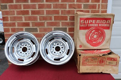 VINTAGE NOS SUPERIOR CHEVY CHROME REVERSE RALLY WHEELS 15X7 & 14x6