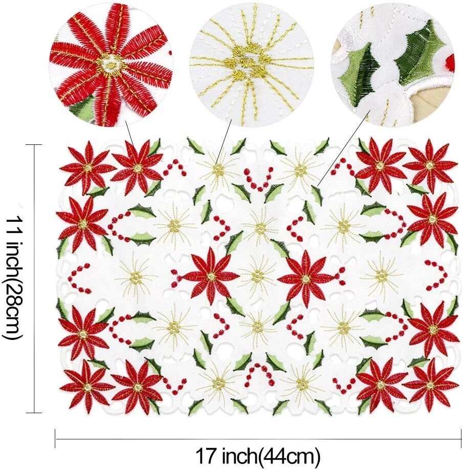 Set of 6 Poinsettia Holly Embroidered Christmas Placemats 12″×17″ Holiday Table - Image 2 of 4