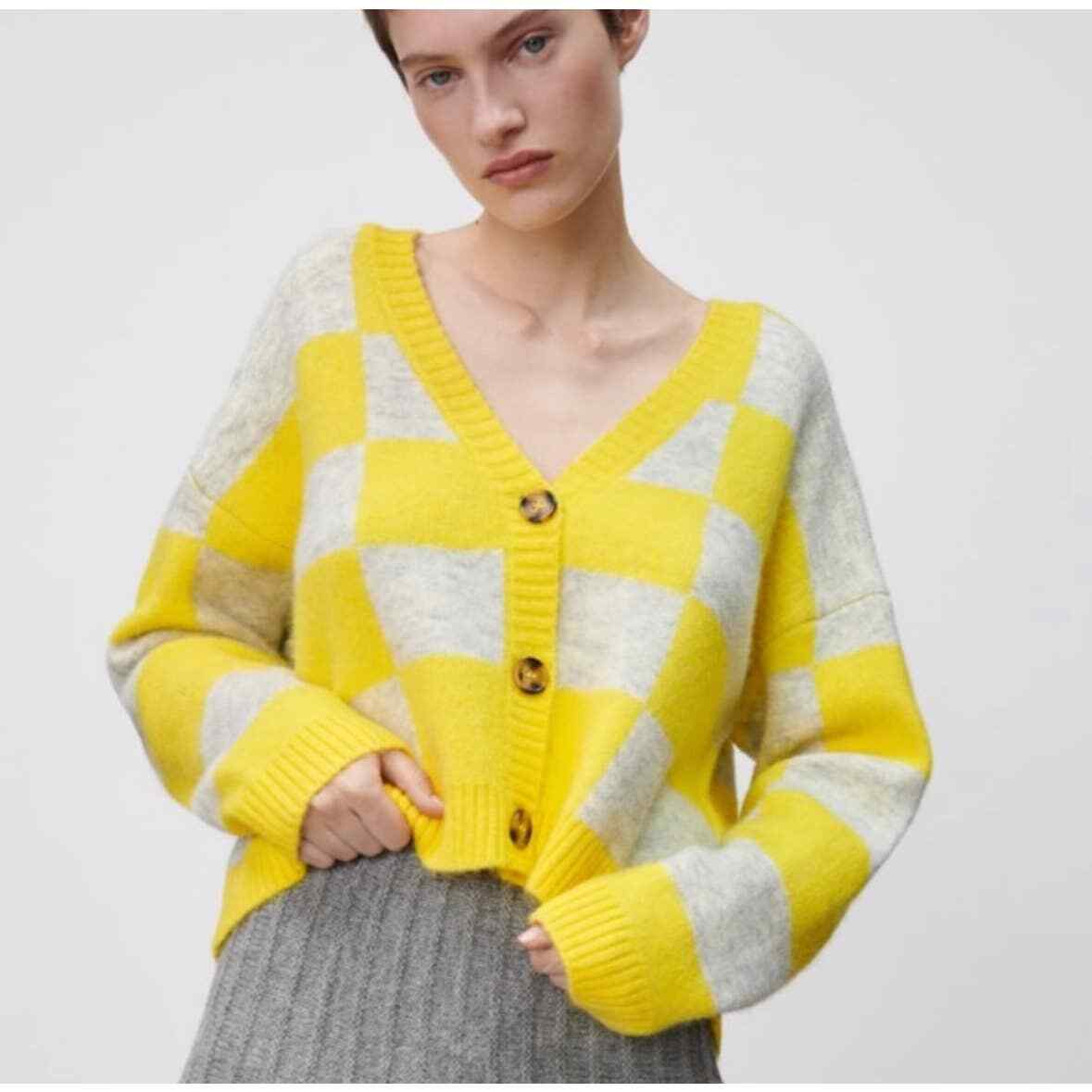 Zara gelb kariert Knopfleiste Alpaka Mischung Cropped Cardigan