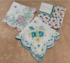 LOT OF 3 VINTAGE OLD 1950'S COTTON GREEN MULTICOLOR FLORAL WOMEN'S HANKIES