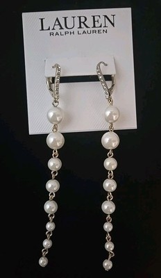 Lauren Ralph Lauren Pavé & Imitation Pearl Linear Drop Earrings in Gold Tone New