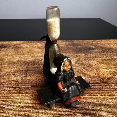 Vintage Cast Iron Egg Timer - Amish Dutch Girl on Bench Kitchen Decor