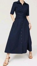 Tory Burch Midi Dress Sz 2 Blue Navy Poplin Faux Wrap 100% Cotton Shirtdress