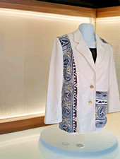 N Touch Blazer 14 White/Blue Gold Trim 2 Button Artsy Boho Festival USA Made
