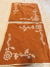 2 Pottery Barn Pillow Cover Sham Orange Bold White Embroidered Floral 26” x 26”