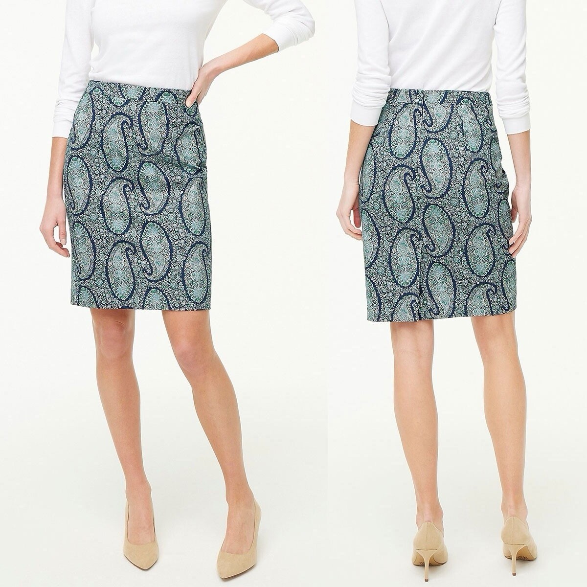 J Crew Blue Pencil Skirt Paisley Sz 4 Knee Length Lined Career Preppy Casual $79