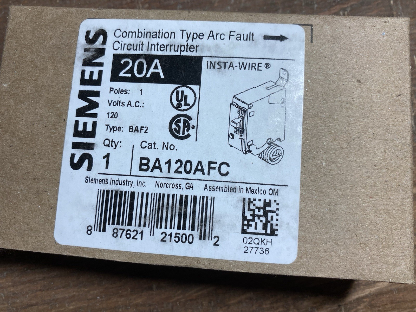 Siemens BA120AFC 120V 20A Circuit Breaker