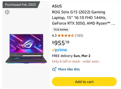 Brand New - No Box. ASUS ROG Strix G15 15  Ryzen 7 6800 16GB/512GB SSD RTX 3050
