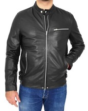 Mens Fitted Black Leather Biker Style Jacket Casual Zip Fasten Mandarin Collar 