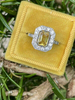 Art Deco 1.75CT Yellow Emerald Cut CZ Halo Wedding Proposal Ring In 925 Silver