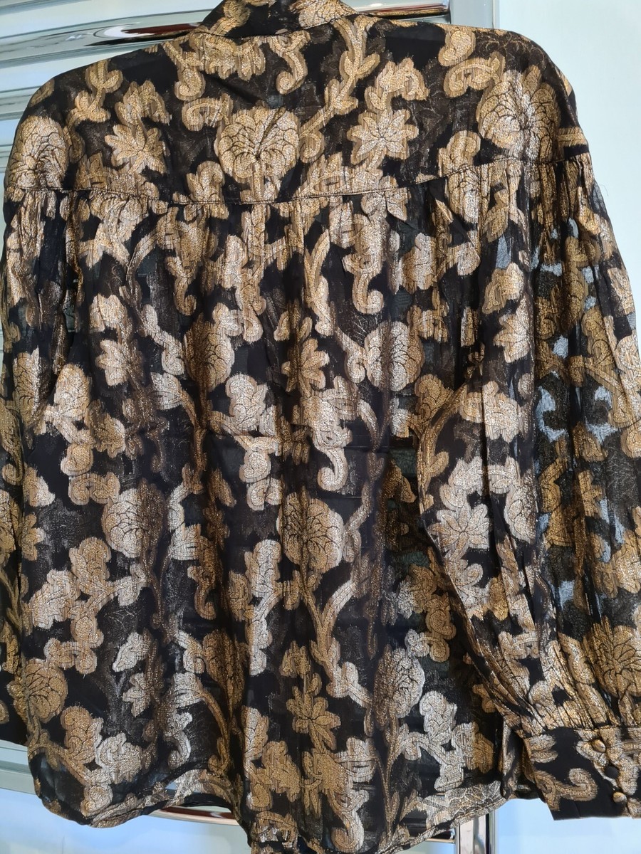 MINT VELVET GOLD METALLIC JACQUARD TIE NECK FLORAL BLOUSE X-LARGE