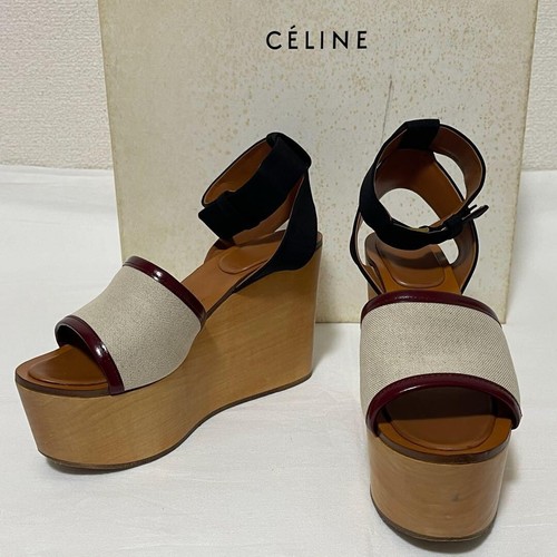 CELINE Wedge Sandals with Ankle Strap, Leather Upper, Wood Sole w/ Case Brown