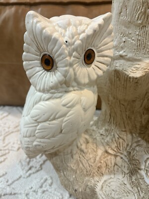 Vintage Mid Century 1970's Chalkware 2 Owls on Tree Branch Side