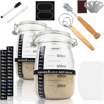 Sourdough Starter Jar Kit, 2-Pack, 34 Oz. Glass Jars for Sourdough Starter, Wide