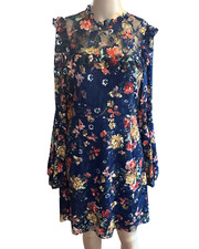 Shein Dress Floral Cocktail Mesh & Glitter Sheer Top Lined Bell Sleeve Party MED