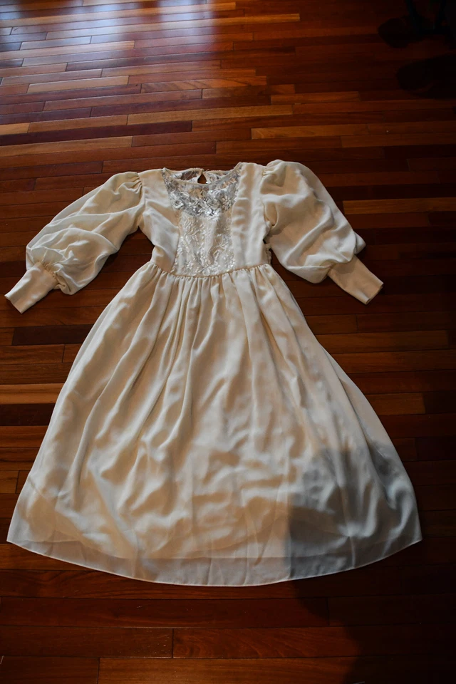 Vestido Vintage Cachet por Bari Protas Anos 80 Marfim Chiffon Modesto Tamanho 9/10 - Imagem 2 de 4