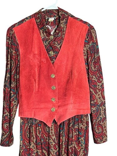 Vtg Button Dress Womens 12 Red Suede Vest PRARIE Cottagecore Union made USA - Picture 2 of 12