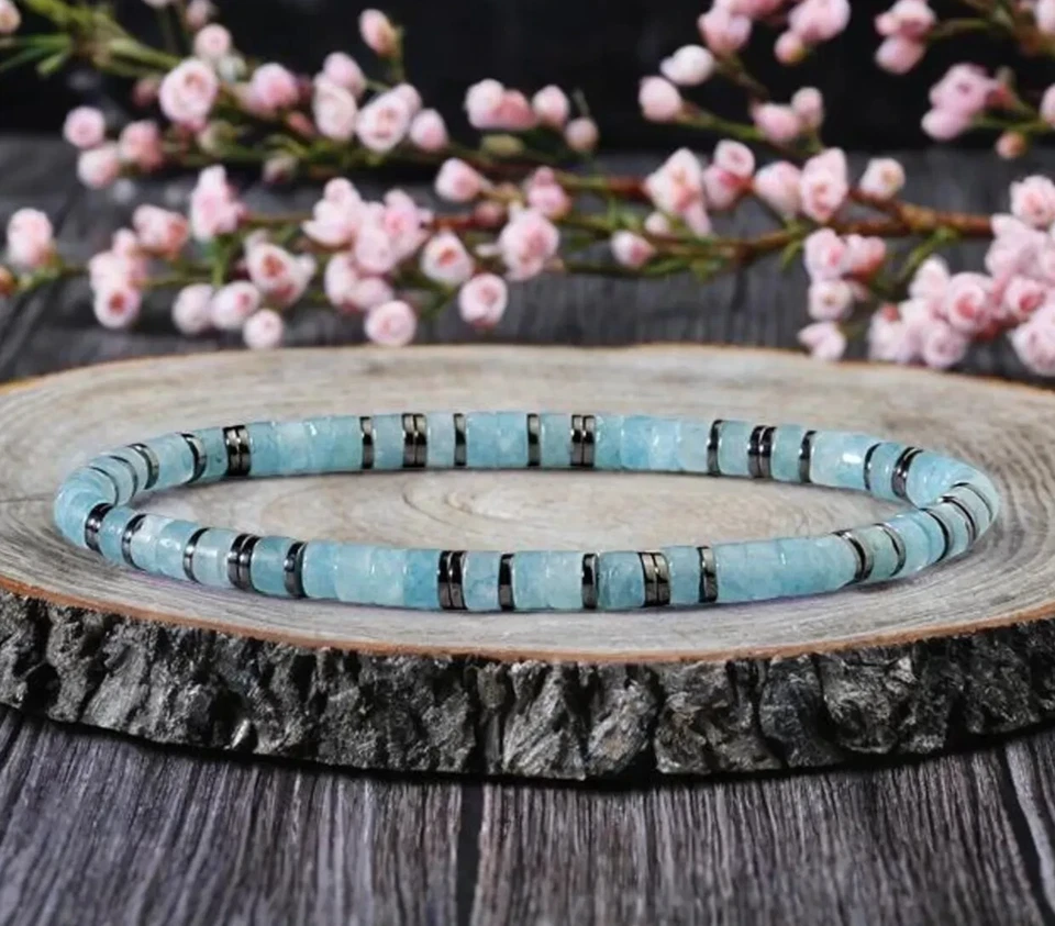 Pulseira feminina elástica genuína água-marinha hematita cristal frisado cura Reiki - Imagem 2 de 4