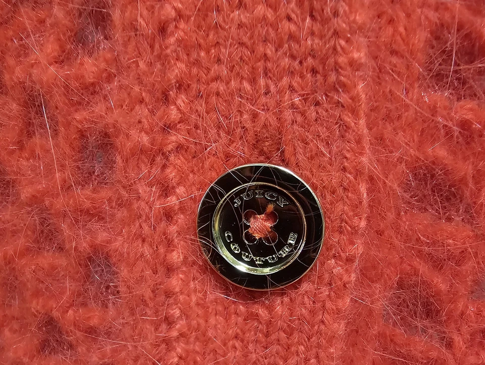 Cárdigan de ganchillo de malla Juicy Couture mezcla de pelo de conejo rojo tejido abierto talla L Foto 4 de 4