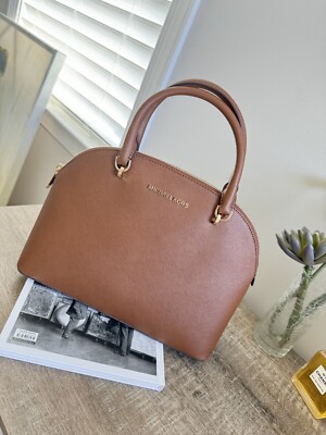 NWT Michael Kors Emmy Large Dome Leather Satchel Shoulder Bag in Luggage Color