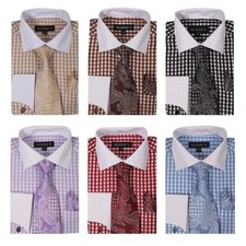 Men's Checker Dress Shirt Set French Cuff w/ Matching Cuff-Links 615