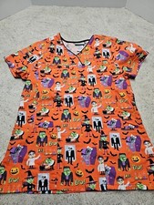 Scrubstar Women's Orange Halloween Themed Scrub Top Size S