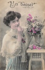 CP A KISS WOMAN BUN VASE HORN OF PLENTY WICKER FILLED FLOWERS - 41049