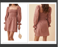 Reformation Dunes Long Puff Sleeve Smocked Mini Dress Praline Dusty  SZ 10 #B726