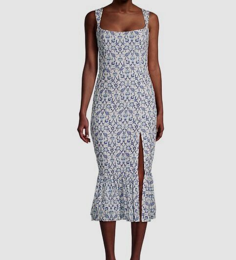sachin and babi blue and white dress & Laura - Vine Print The perfect summer gown Fall 2026 RTW How To Go Braless Size:24