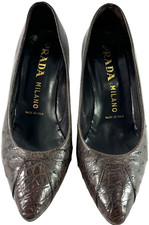 PRADA Milano Brown Ostrich Alligator Toe Leather Pumps Made in Italy 37.5-7.5US