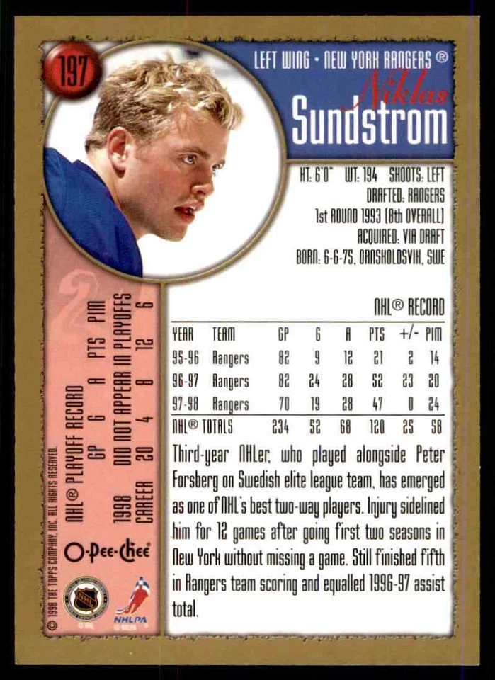 1998-99 O-Pee-Chee Chrome Niklas Sundstrom #197 - Image 2 of 2