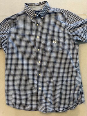 Chaps Button Down Shirt Mens Large Easy Care Blue Plaid Crest logo Pocket Collar