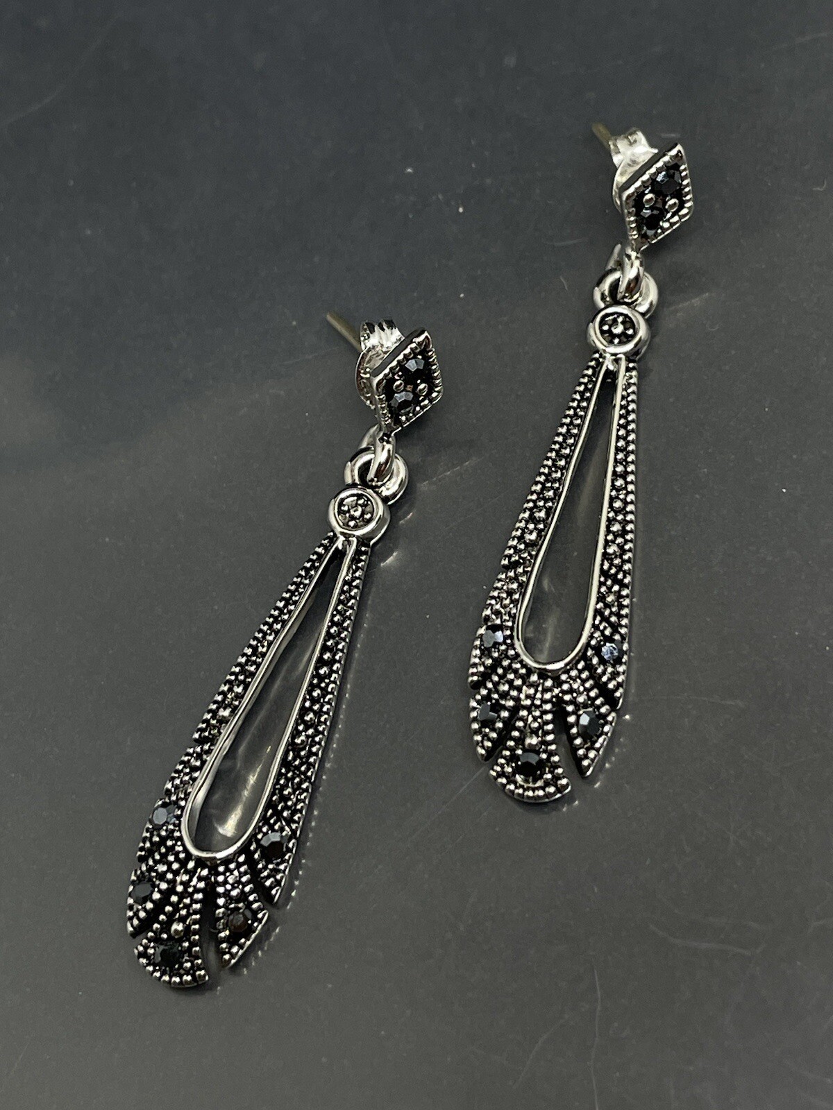 SilverTone Marcasites 1.5” Post Dangle Teardrop E… - image 1