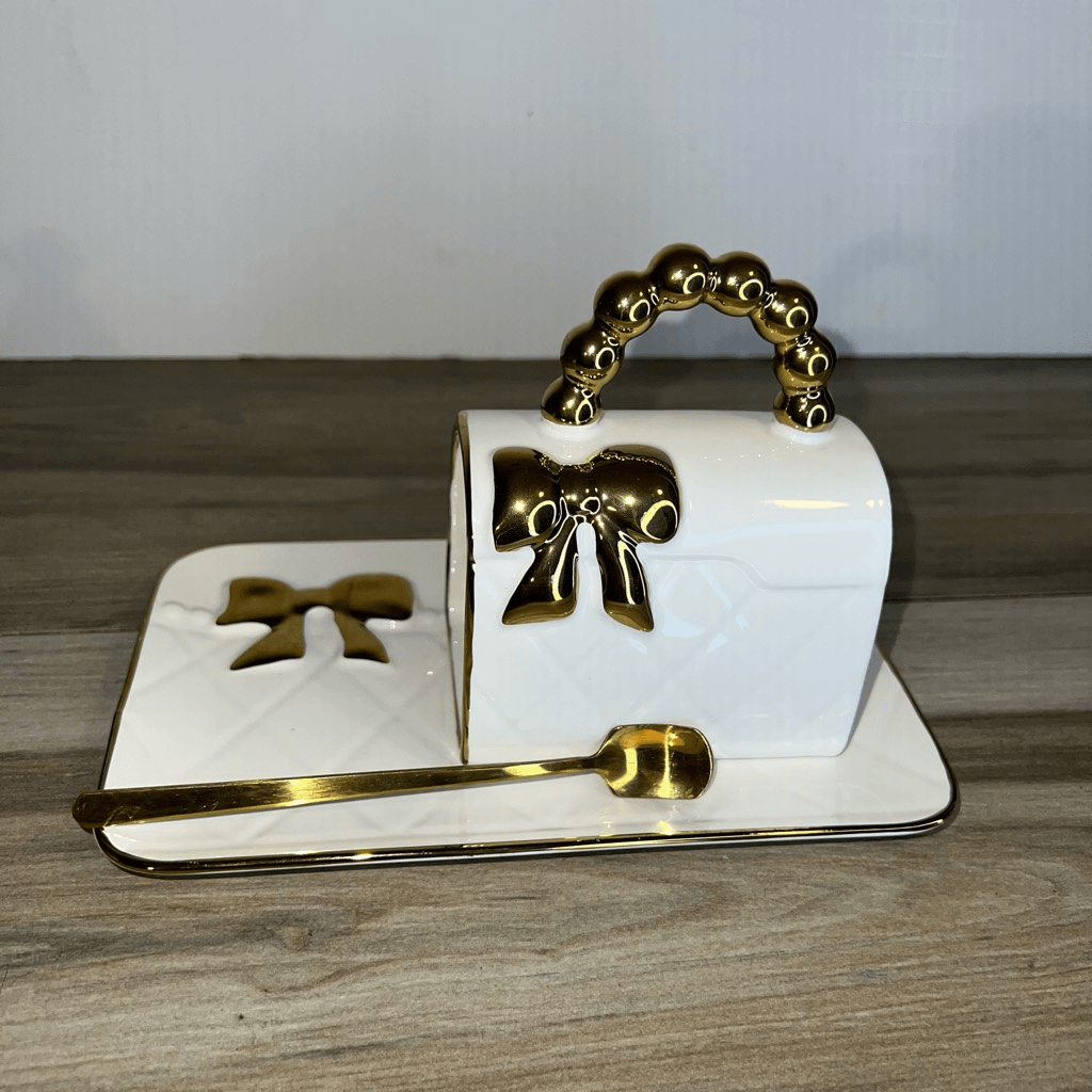 Handbag Shaped Mug/Saucer/Golden Spoon Purse Coffee Mug 3 Pc Set White Gold-image
